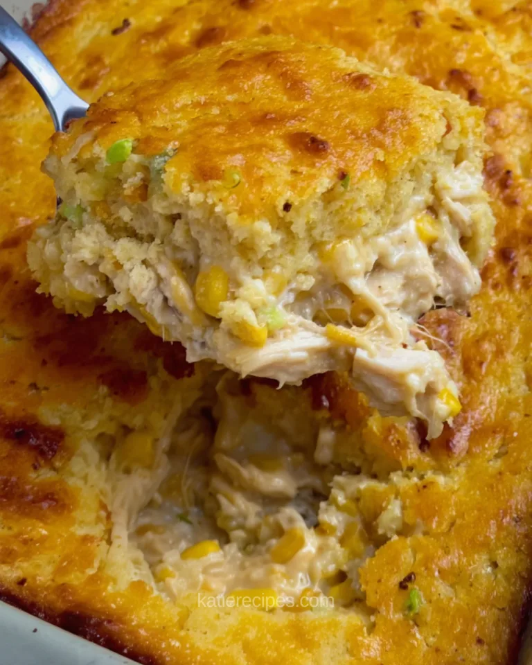 Spoon lifting a serving of chicken cornbread casserole with melted cheese stretching and creamy shredded chicken underneath the golden cornbread topping