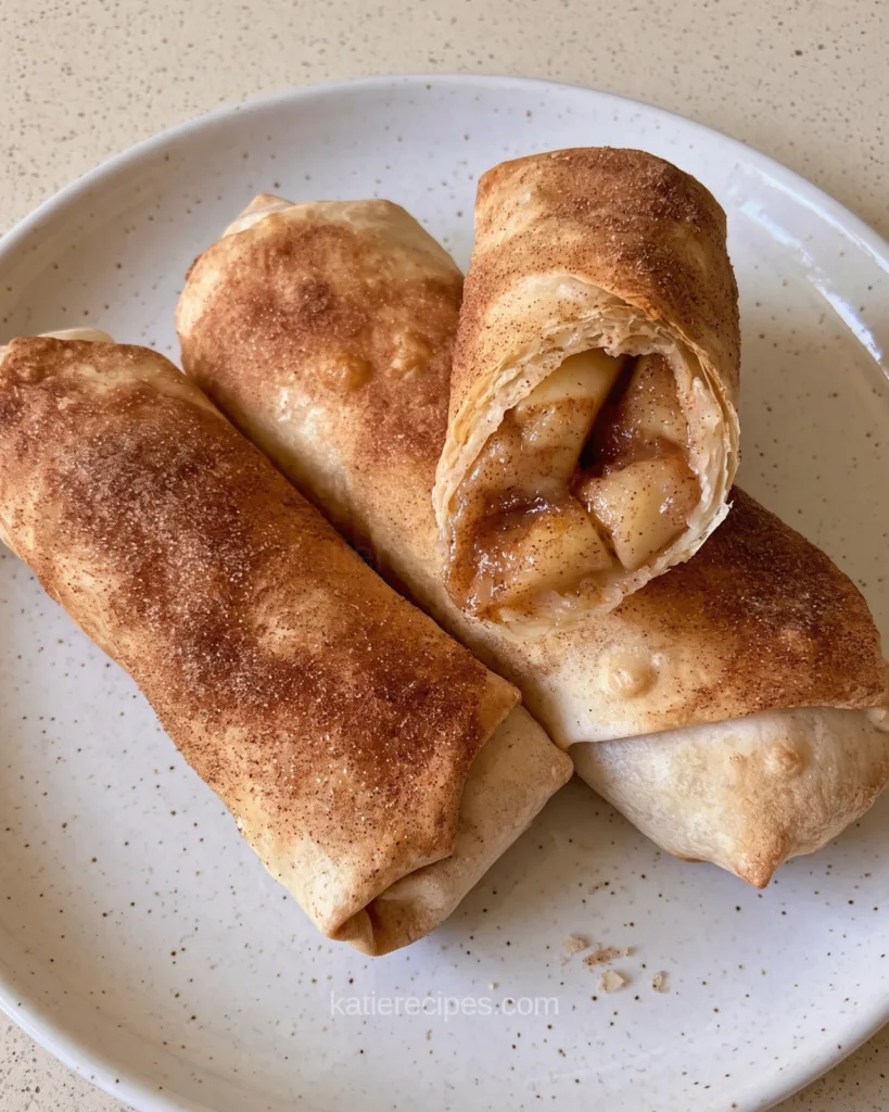 Three apple pie egg rolls on a speckled plate, lightly golden with a dusting of cinnamon sugar, one cut open to show pieces of apple
