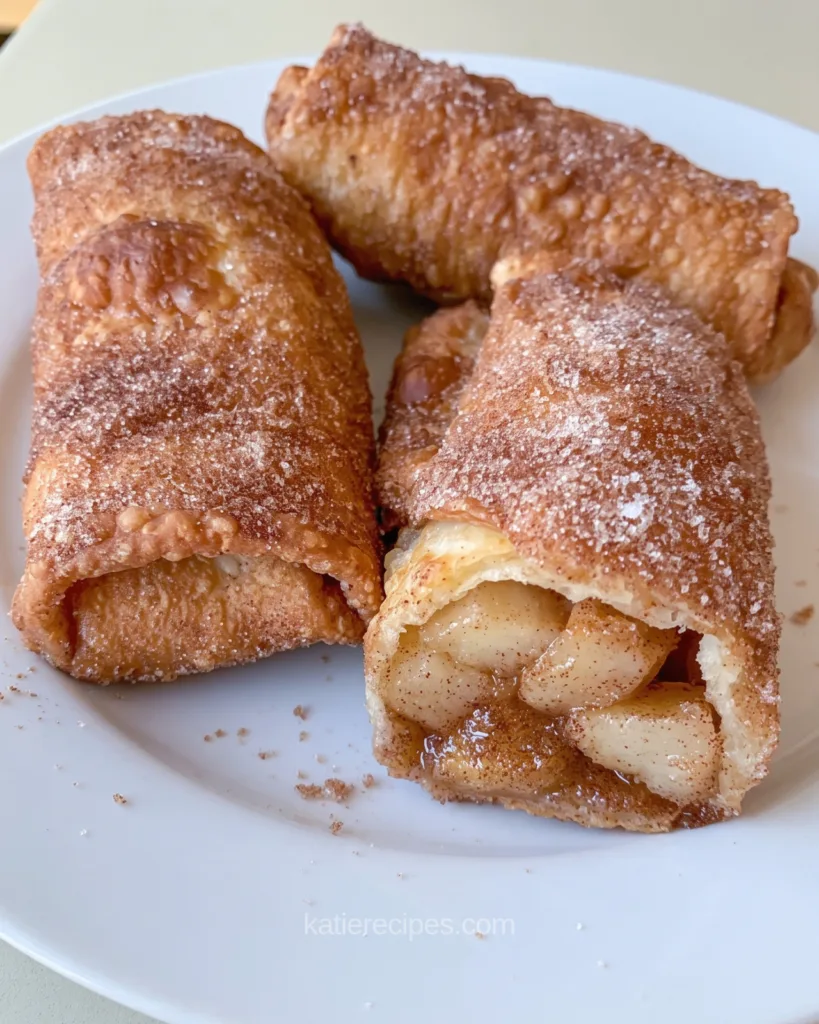 Close-up of golden apple pie egg rolls coated in cinnamon sugar, one cut open to show large pieces of cooked apple