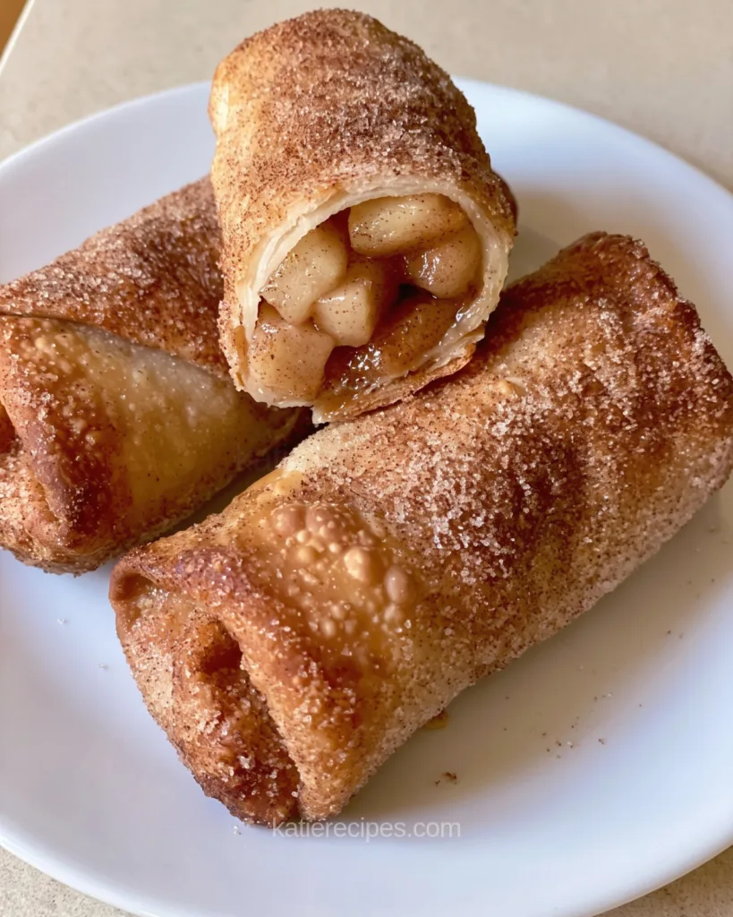 Cut apple pie egg roll showing pieces of cooked apple inside a crisp cinnamon sugar wrapper, with two more egg rolls on a white plate
