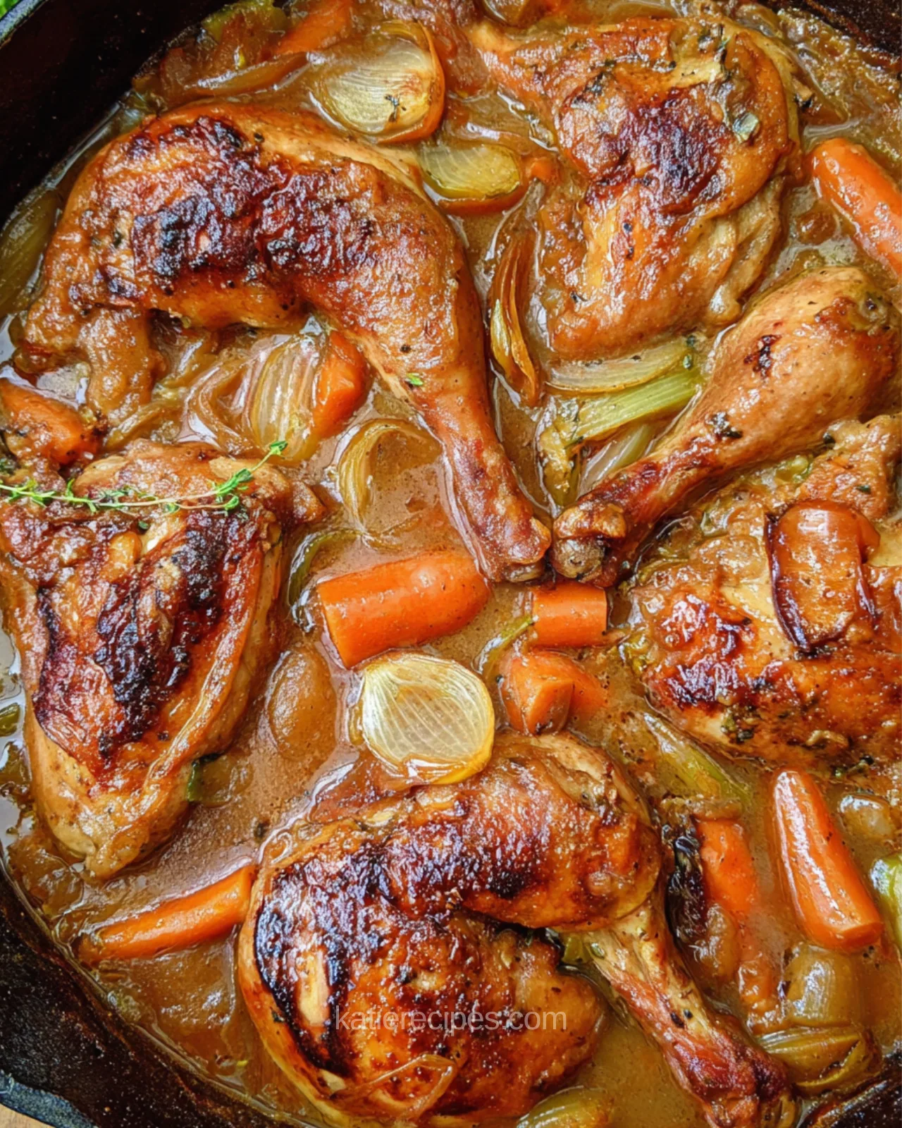 Browned braised chicken thighs and drumsticks with carrots and onion in a light gravy in a dark pan with a thyme sprig