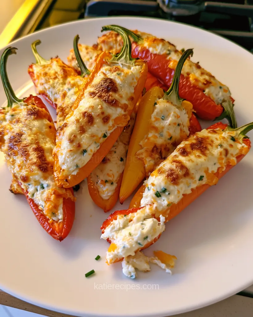 Close-up of baked stuffed mini peppers with browned cheese tops and a bitten half showing the creamy chive filling