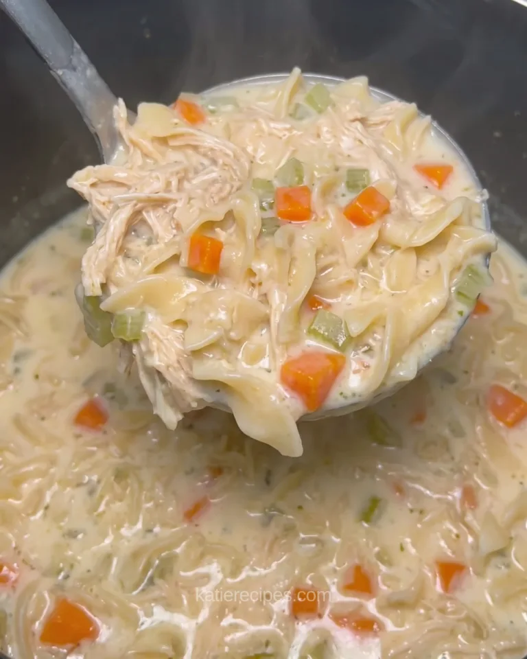 Ladle lifting creamy chicken noodle soup with shredded chicken, egg noodles, diced carrots and celery from a dark pot