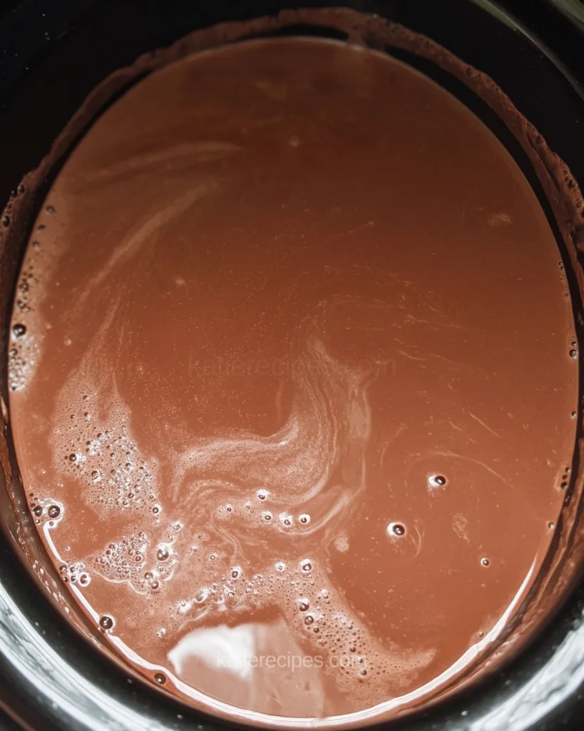 Top-down view of smooth, glossy crockpot hot chocolate in a black slow cooker