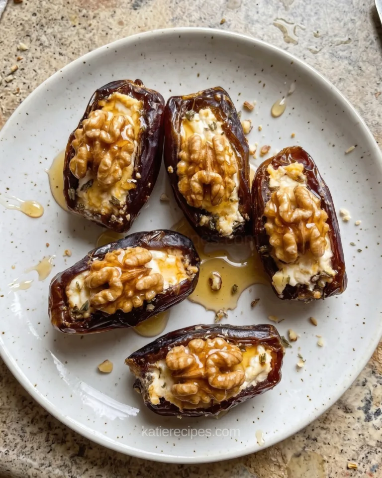 Overhead view of five goat cheese stuffed Medjool dates topped with walnut halves, honey and thyme on a speckled white plate