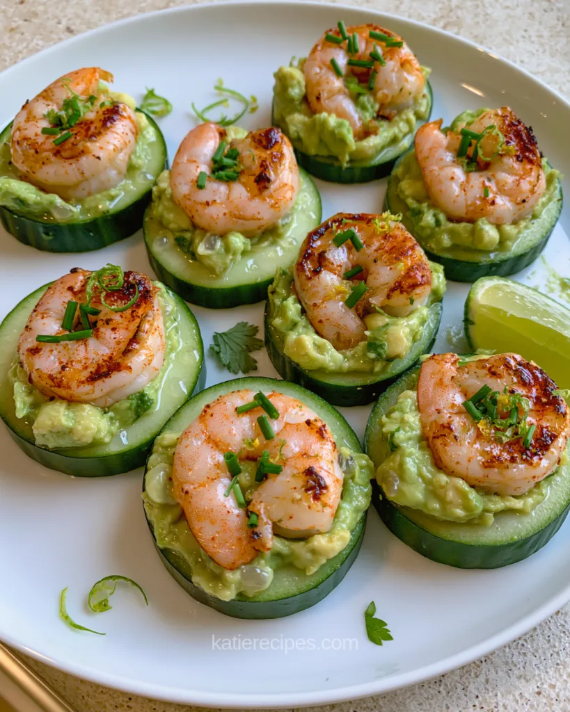 Eight shrimp and avocado cucumber bites on a white plate, paprika-seared shrimp on chunky mashed avocado, with chives, lime zest and a lime wedge