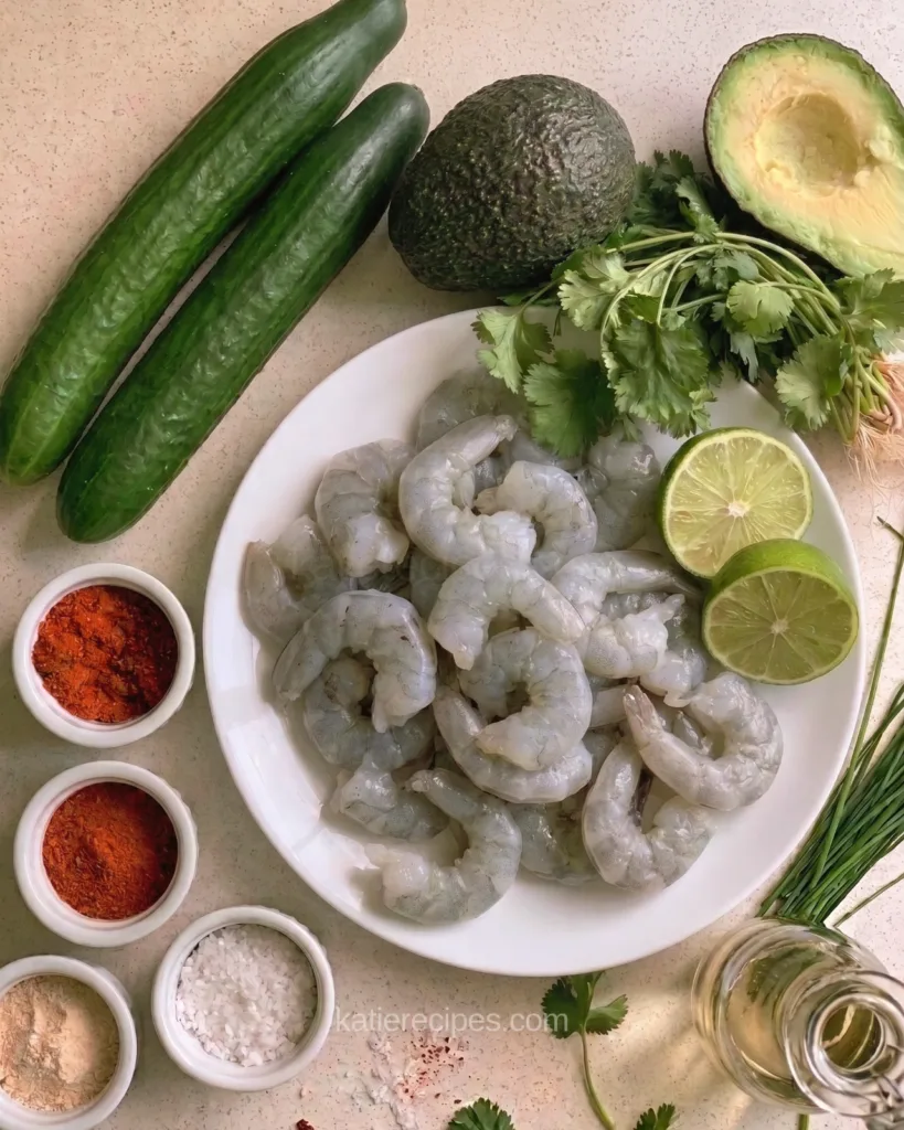 Ingredients for shrimp and avocado cucumber bites: two English cucumbers, avocados, raw peeled shrimp, limes, cilantro, chives, bowls of spices and salt, and a bottle of oil